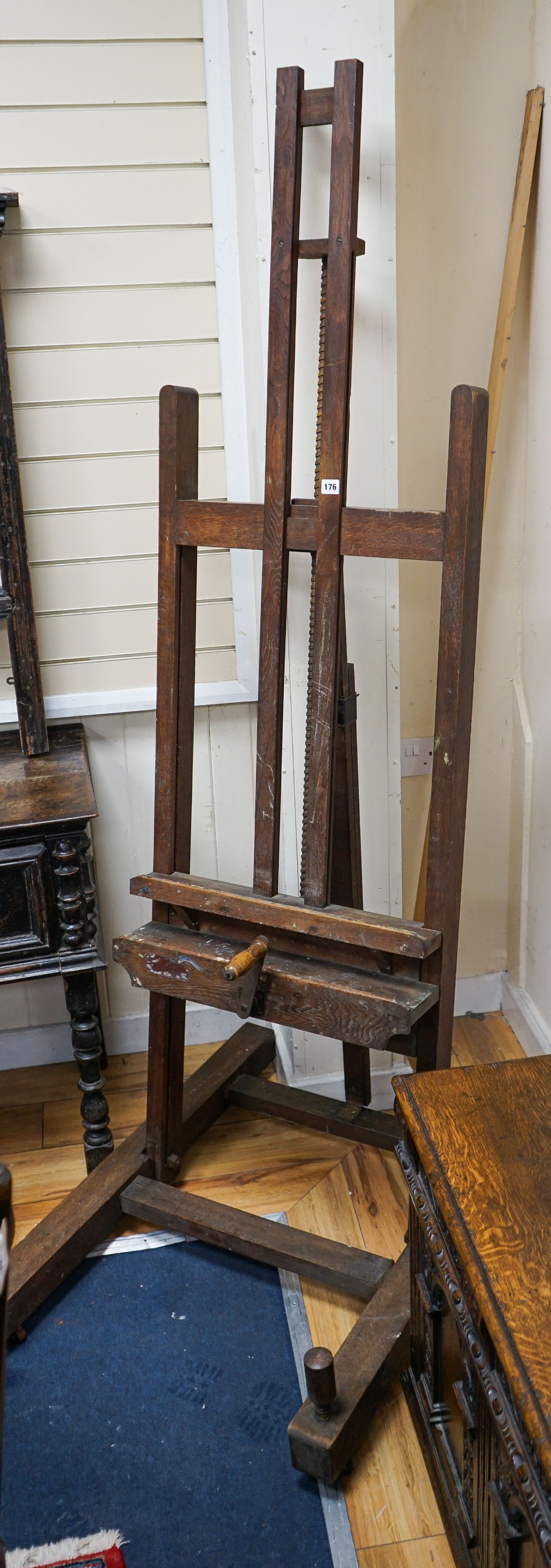 A Victorian oak artist's easel, width 68cm